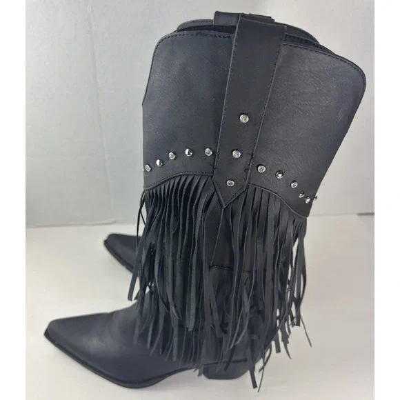Roper Oakley Studded Pointed Toe Cowboy Black Boots Western Fringe Women's 8 - Picture 9 of 11